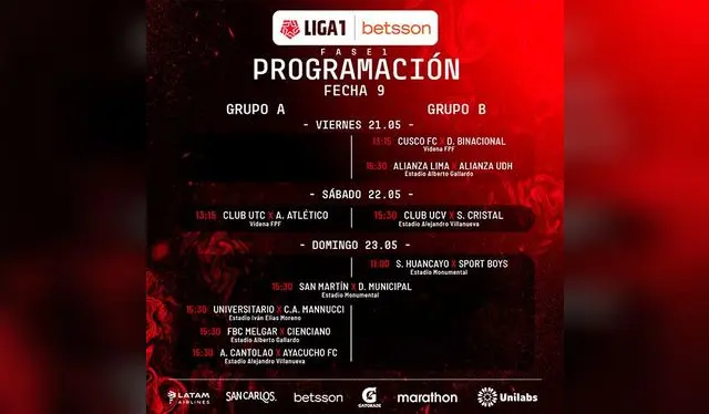 Programación completa de la fecha 9 de la Liga 1 Betsson 2021.   