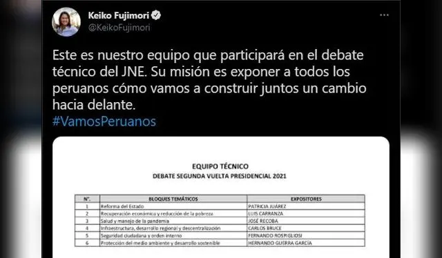 Keiko Fujimori anuncia equipo técnico para debate del domingo. Fuente: Twitter.   