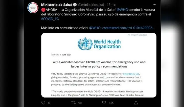  OMS aprueba el uso de emergencia de la vacuna Sinovac contra la COVID-19. Fuente: Ministerio de Salud Chile / Twitter.   
