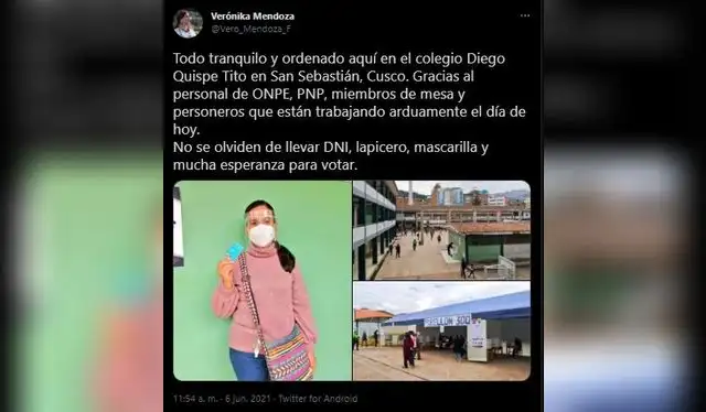  Verónika Mendoza envió un mensaje para todos los peruanos. Fuente: Twitter.   