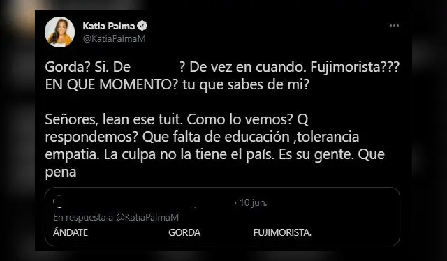  Katia Palma se pronunció tras recibir un comentario ofensivo en sus redes sociales. Fuente: Twitter.   