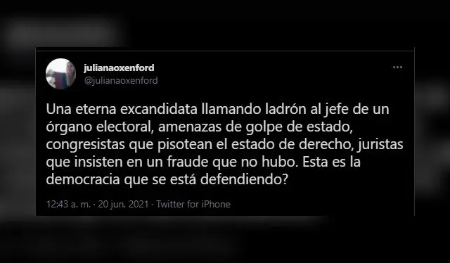  Juliana Oxenford se pronunció sobre la situación política. Fuente: Twitter.   