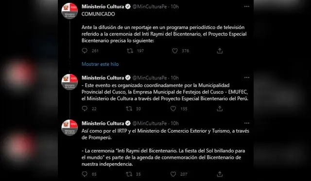  Comunicado del Ministerio de Cultura. Fuente: Twitter.   