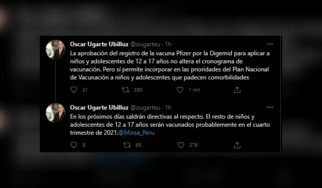  Pronunciamiento de Óscar Ugarte. Fuente: Twitter.   