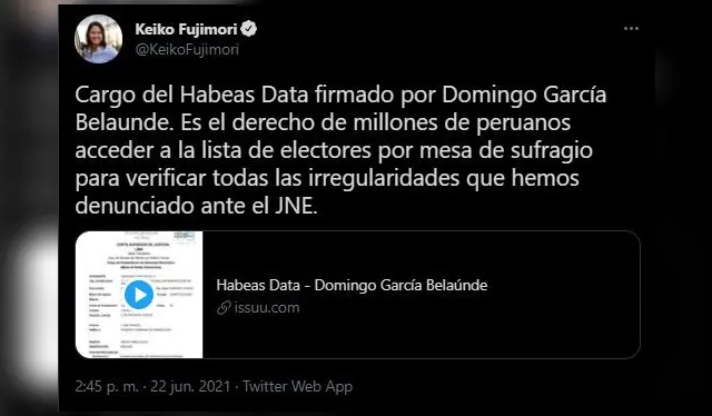  Anuncio de Keiko Fujimori. Fuente: Twitter.   