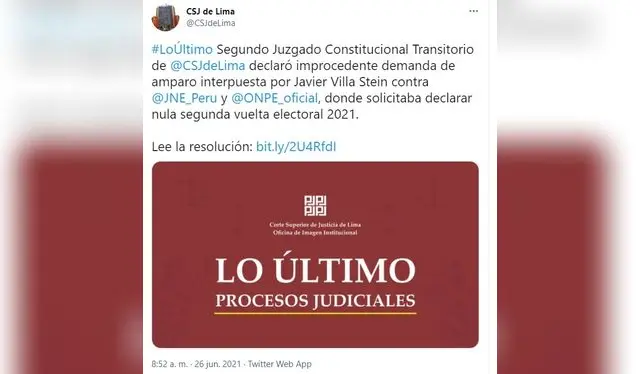 CSJ de Lima rechaza acción de amparo. Fuente: Twitter. CSJ de Lima rechaza acción de amparo. Fuente: Twitter.