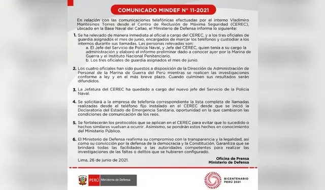 Comunicado del Ministerio de Defensa. Fuente: MINDEF.   