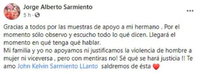  Publicación del hermano de John Kelvin. Foto: Captura Facebook.   