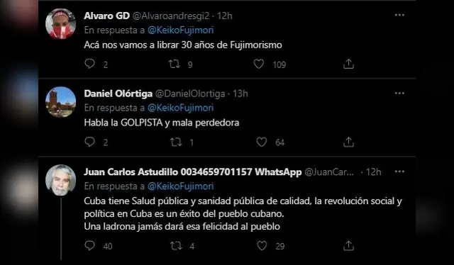  Respuestas a publicación de Keiko Fujimori. Fuente: Twitter.   