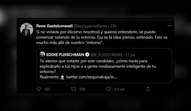  Publicación René Gastelumendi. Fuente: Twitter.   