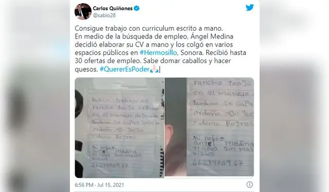 Vía Twitter - Hombre redacta su C.V a mano y las redes sociales ayudan a su difusión.   