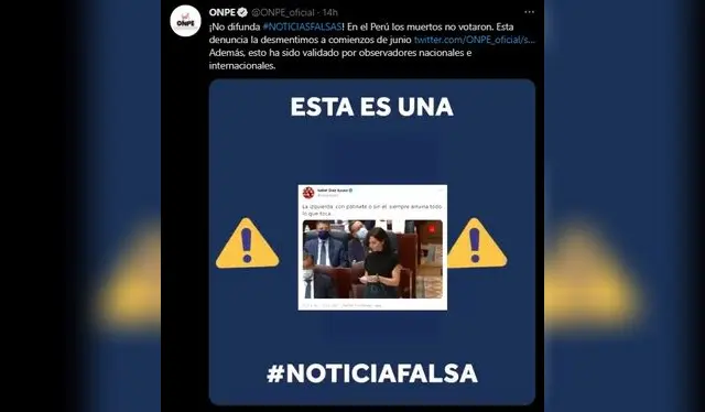 Publicación de la ONPE. Fuente: Twitter.   