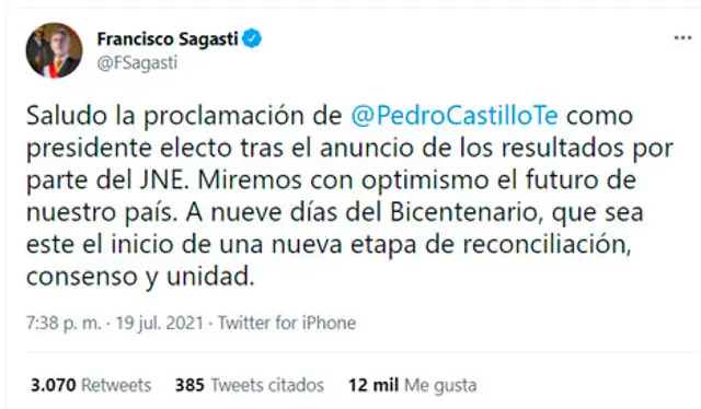Francisco Sagasti frente a la proclamación de Pedro Castillo como nuevo Presidente del Perú   