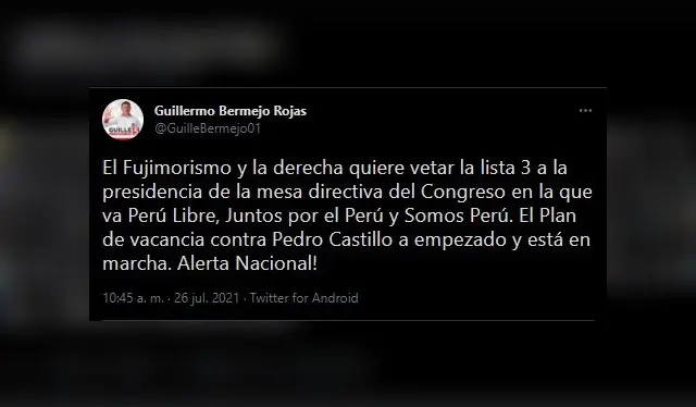 Publicación de Guillermo Bermejo. Fuente: Twitter.   