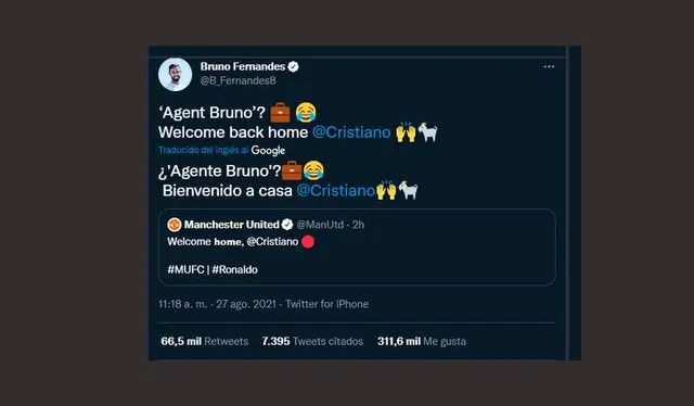 El tuit de Bruno Fernandes dándole la bienvenida.   