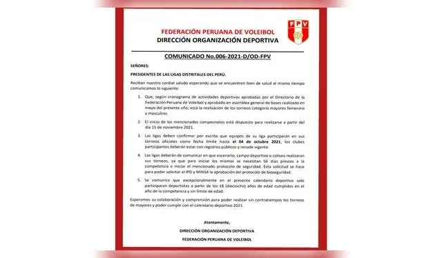 Comunicado de la Federación Peruana de Voleibol. (Foto: FPV)   