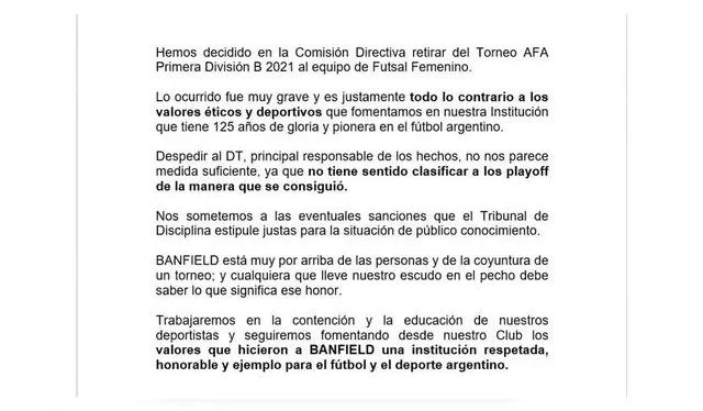 Comunicado de Banfield.