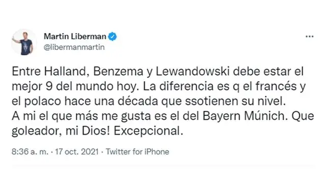Publicación de Martín Liberman sobre Lewandoski.