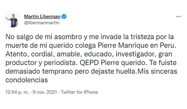 Mensaje de Martín Liberman tras la muerte de Pierre Manrique. (Foto: Captura) Mensaje de Martín Liberman tras la muerte de Pierre Manrique. (Foto: Captura)