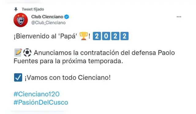 Publicación de Cienciano tras incorporación de Paolo Fuentes. (Foto: Captura) Publicación de Cienciano tras incorporación de Paolo Fuentes. (Foto: Captura)