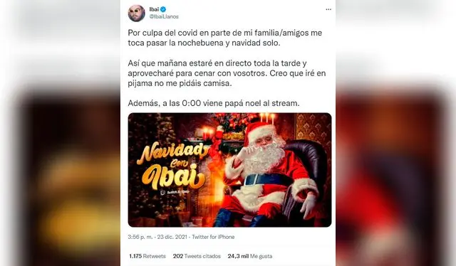 Ibai Llanos compartió que si bien pasará solo Navidad, estará acompañado en Twitcht / Foto: <strong>Twitter</strong>   