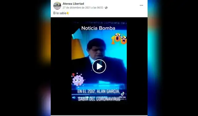 Se viraliza video fake de Alan García que afirma que "sabia del coronavirus" en 2012 / Foto: <strong>Facebook</strong>   