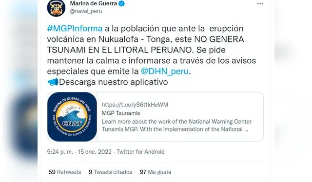 Marina de Guerra informa que no hay riesgo de tsunami, pese a inundaciones en Paracas / Foto: Twitter Marina de Guerra informa que no hay riesgo de tsunami, pese a inundaciones en Paracas / Foto: Twitter