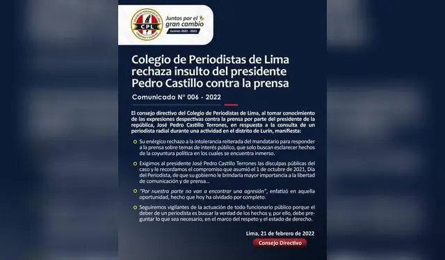Colegio de Periodistas exige que Pedro Castillo se disculpe por insultar a la prensa / Foto: Twitter   
