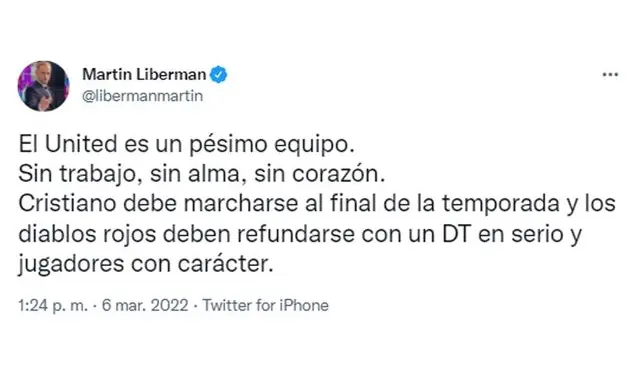 Martín Liberman le pidió a Cristiano Ronaldo que salga del Manchester United. Martín Liberman le pidió a Cristiano Ronaldo que salga del Manchester United.
