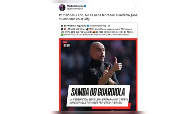 Liberman ve imposible la llegada de Guardiola a Brasil. (FOTO: Captura)   