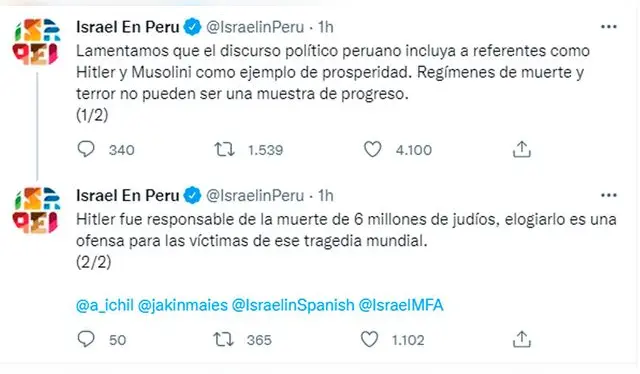 Embajada de Israel en Perú criticó que el premier use a Hitler como ejemplo de progreso / Foto: Twiiter Embajada de Israel en Perú criticó que el premier use a Hitler como ejemplo de progreso / Foto: Twiiter