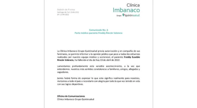 Informe médico del fallecimiento de Freddy Rincón.   