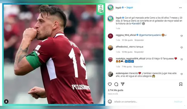 Serie B de Italia destacó el récord de Germán Denis. (Foto: Captura)   