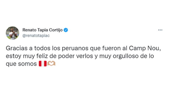Renato Tapia mandó mensaje a peruanos que fueron al Camp Nou.   