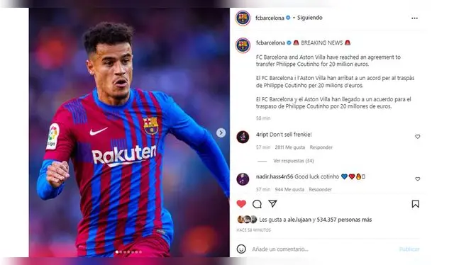 Comunicado de Barcelona sobre Philippe Coutinho. (FOTO: Captura) Comunicado de Barcelona sobre Philippe Coutinho. (FOTO: Captura)