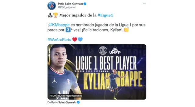 PSG eligió a Kylian Mbbapé como mejor jugador de la Ligue 1. PSG eligió a Kylian Mbbapé como mejor jugador de la Ligue 1.