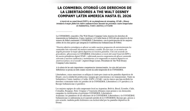 Comunicado de Diney tras adquirir derechos de transmisión de Copa Libertadores.   