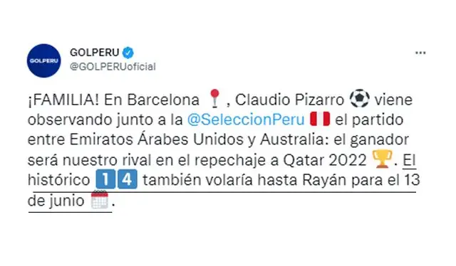 GOLPERÚ señaló que Claudio Pizarro iría a Qatar para ver a la Selección Peruana.   
