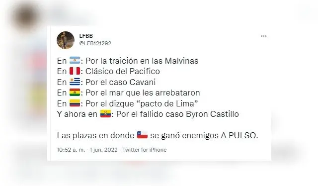 usuario de Twitter enumera las razones por las que Chile sigue sumando 'enemigos'.