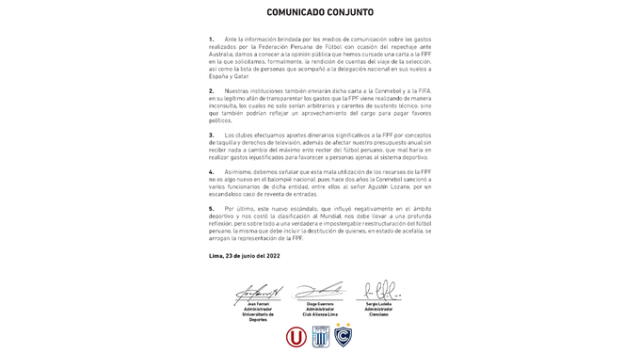 Comunicado en conjunto para la FPF.   