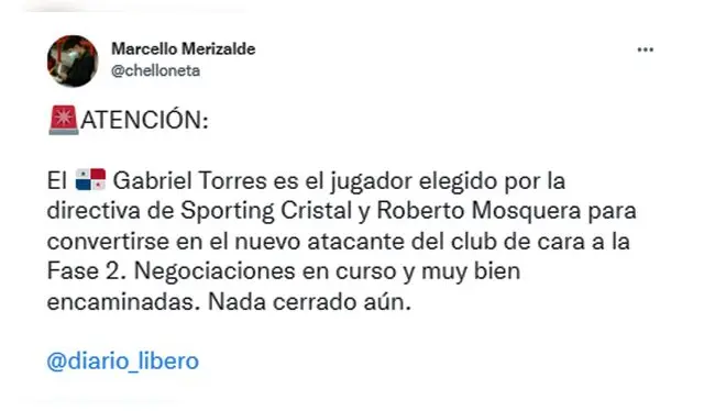  Gabriel Torres se pondría la camiseta de Sporting Cristal. (Foto: Twitter)   