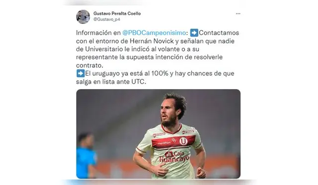  Gustavo Peralta aclaró la situación de Hernán Novick en Universitario.   