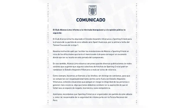 Comunicado de Alianza Lima previo al partido de Liga 1.   