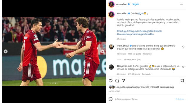 Thomas Müller despidió a Robert Lewandowski en redes sociales.   