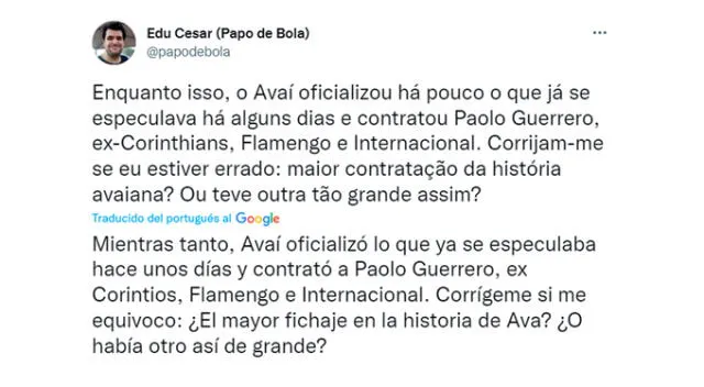  Periodista brasileño destacó la llega de Paolo Guerrero a Avaí. (Foto: Twitter)   