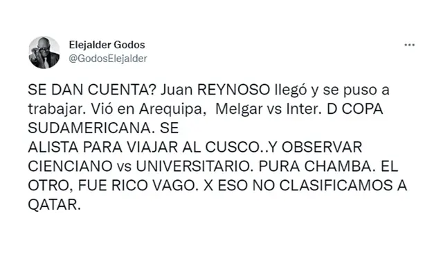  Elejalder Godos tuvo fuerte mensaje en sus redes sociales. (Foto: Twitter)   