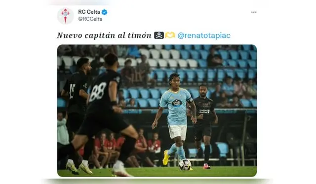 Celta de Vigo destacó tener a Renato Tapia como capitán. (Foto: Twitter) Celta de Vigo destacó tener a Renato Tapia como capitán. (Foto: Twitter)