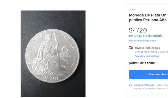 Moneda de 1 sol de 1890 a 720 soles. | Fuete: Página web Mercado Libre