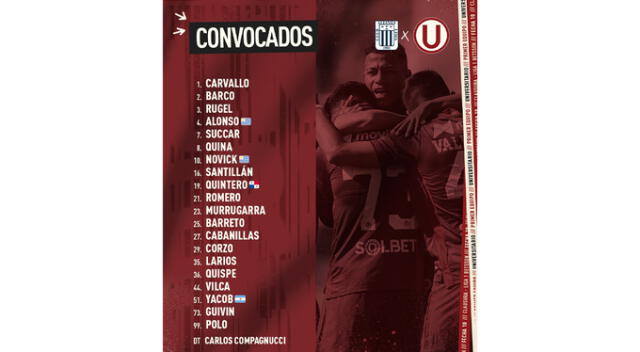  Universitario presentó lista de convocados para el clásico ante Alianza Lima. (Foto: Twitter)   