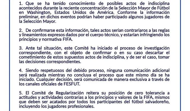  Comunicado sobre la presunta indisciplina en la Selección de El Salvador.   